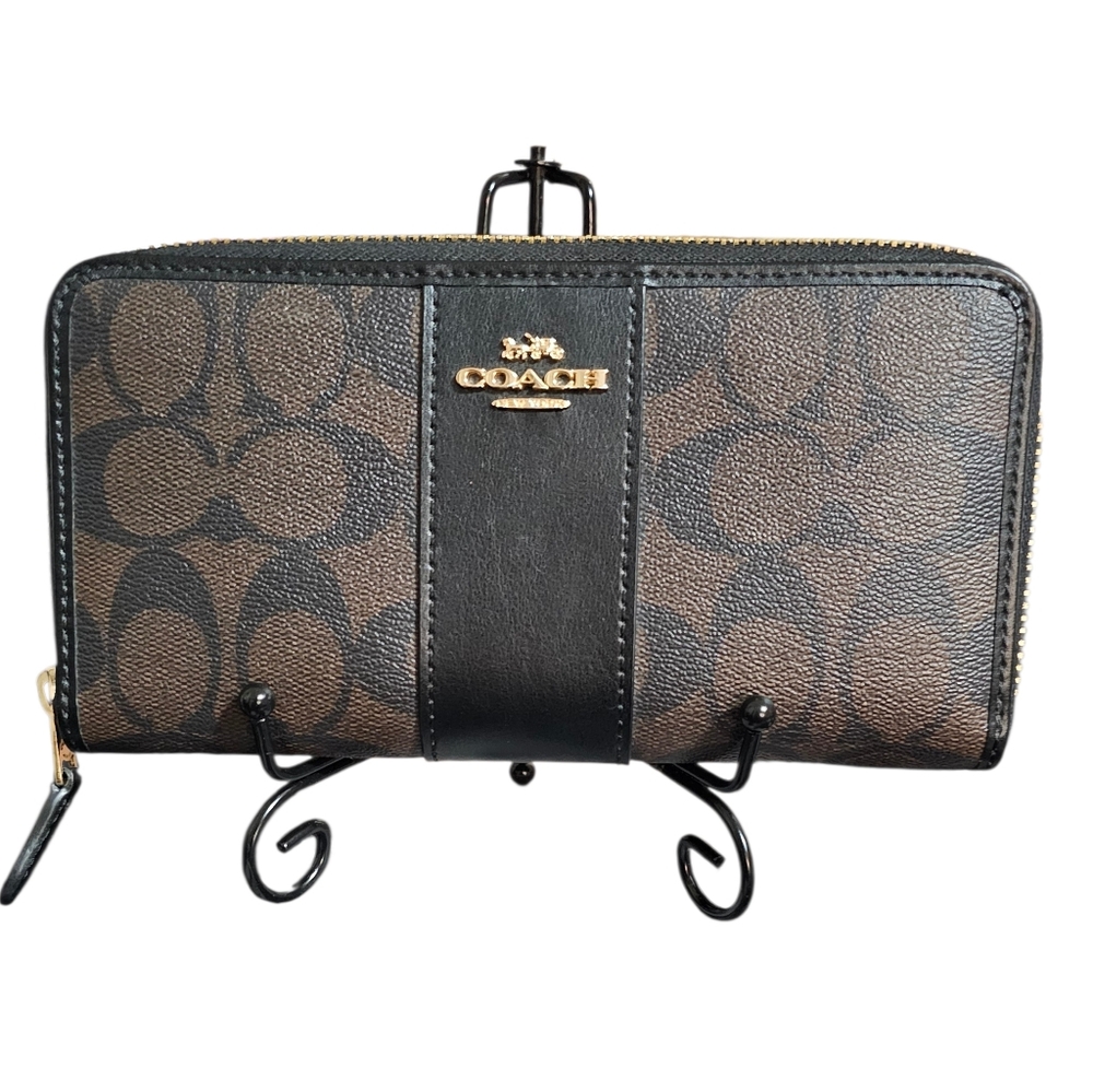 Coach Long Zip Around Wallet In Brown/Black Canvas & Leather